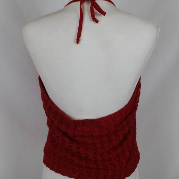 Vintage TWO ROADS Halter Tank Top Woman Size Large Red Lace Cropped Drawstring - Picture 7 of 9